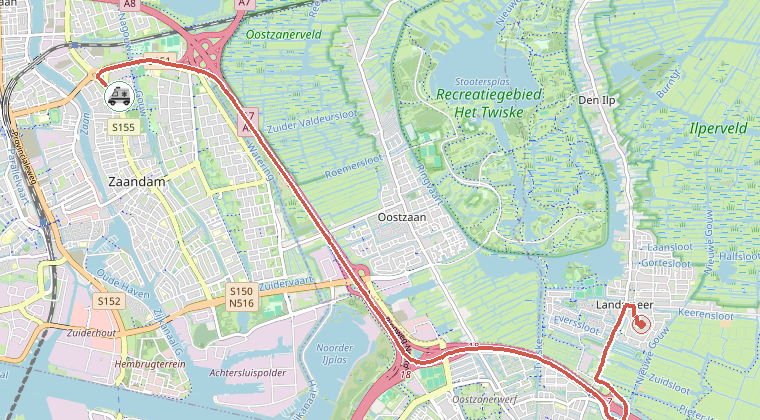 Kaart van de omgeving van de melding, met de kazerne die is gealarmeerd