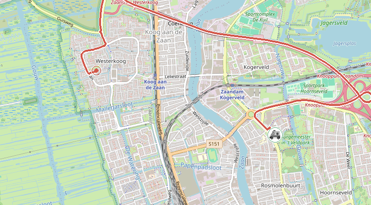 Kaart van de omgeving van de melding, met de kazerne die is gealarmeerd