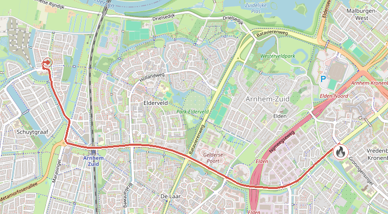 Kaart van de omgeving van de melding, met de kazerne die is gealarmeerd