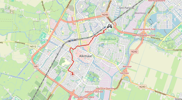 Kaart van de omgeving van de melding, met de kazerne die is gealarmeerd