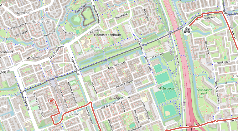 Kaart van de omgeving van de melding, met de kazerne die is gealarmeerd