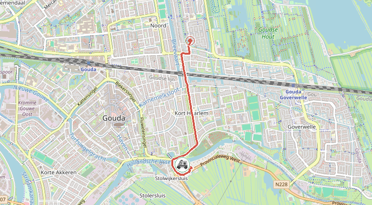 Kaart van de omgeving van de melding, met de kazerne die is gealarmeerd