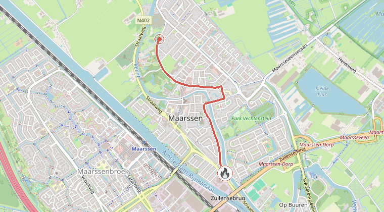 Kaart van de omgeving van de melding, met de kazerne die is gealarmeerd