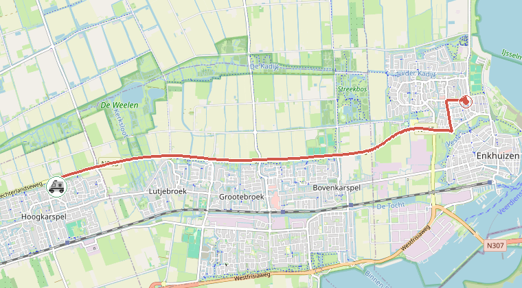 Kaart van de omgeving van de melding, met de kazerne die is gealarmeerd