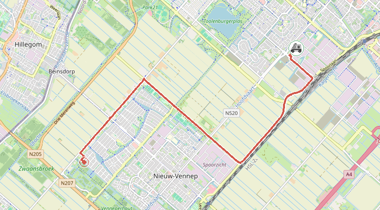 Kaart van de omgeving van de melding, met de kazerne die is gealarmeerd