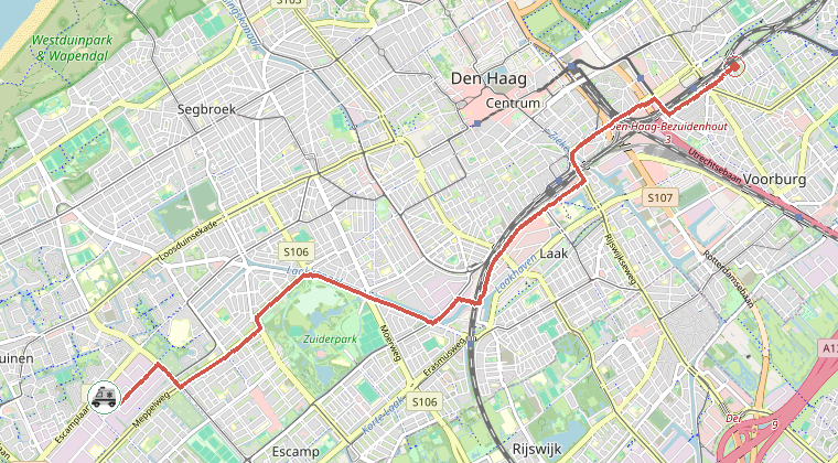 Kaart van de omgeving van de melding, met de kazerne die is gealarmeerd