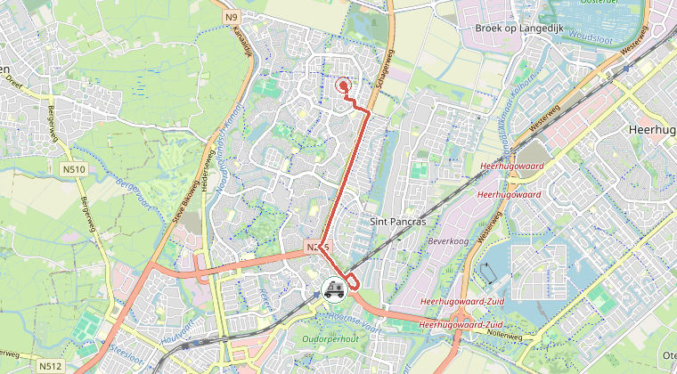 Kaart van de omgeving van de melding, met de kazerne die is gealarmeerd
