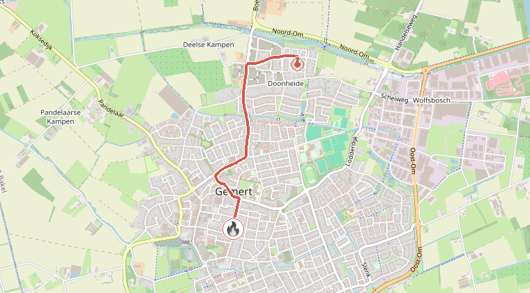 Kaart van de omgeving van de melding, met de kazerne die is gealarmeerd