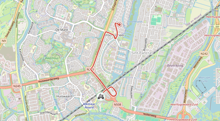 Kaart van de omgeving van de melding, met de kazerne die is gealarmeerd