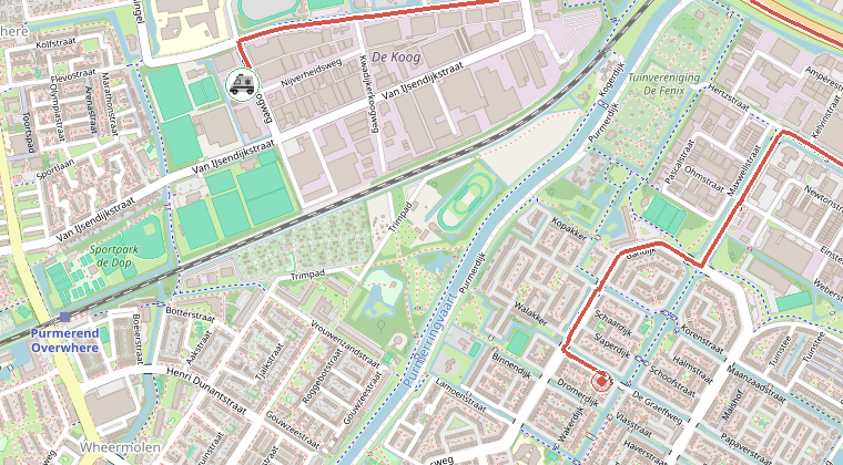 Kaart van de omgeving van de melding, met de kazerne die is gealarmeerd