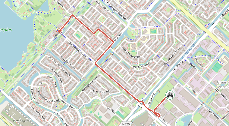 Kaart van de omgeving van de melding, met de kazerne die is gealarmeerd