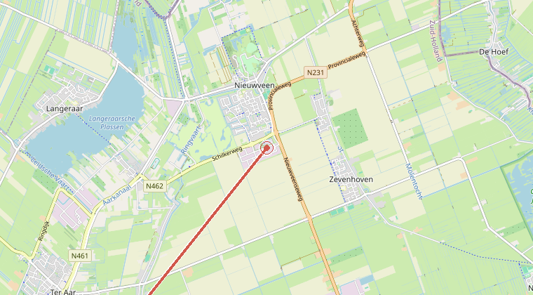 Kaart van de omgeving van de melding, met de kazerne die is gealarmeerd
