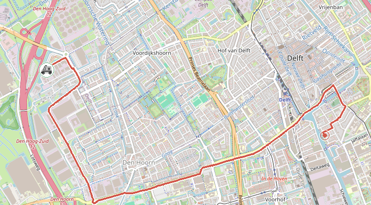 Kaart van de omgeving van de melding, met de kazerne die is gealarmeerd