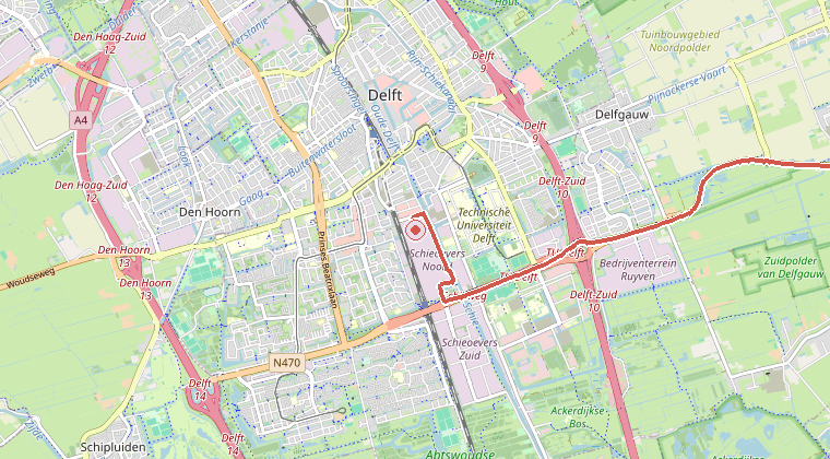 Kaart van de omgeving van de melding, met de kazerne die is gealarmeerd