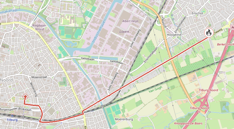 Kaart van de omgeving van de melding, met de kazerne die is gealarmeerd