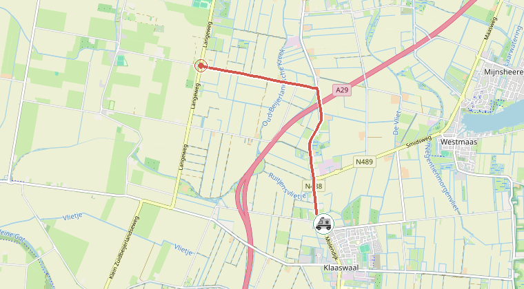 Kaart van de omgeving van de melding, met de kazerne die is gealarmeerd