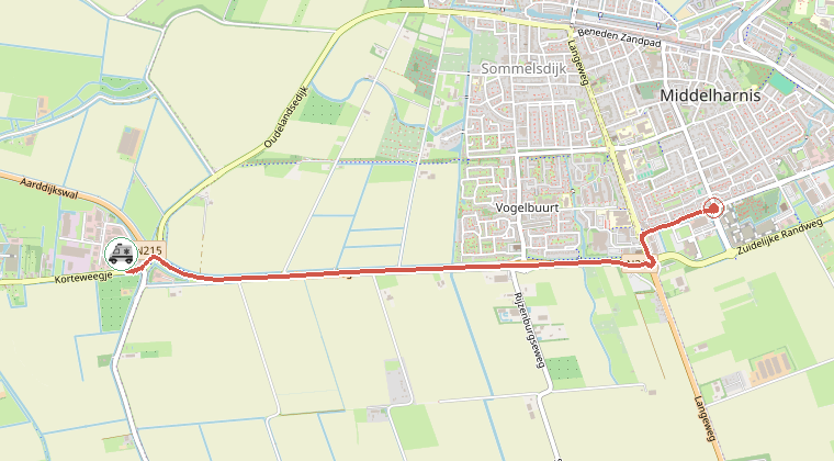 Kaart van de omgeving van de melding, met de kazerne die is gealarmeerd