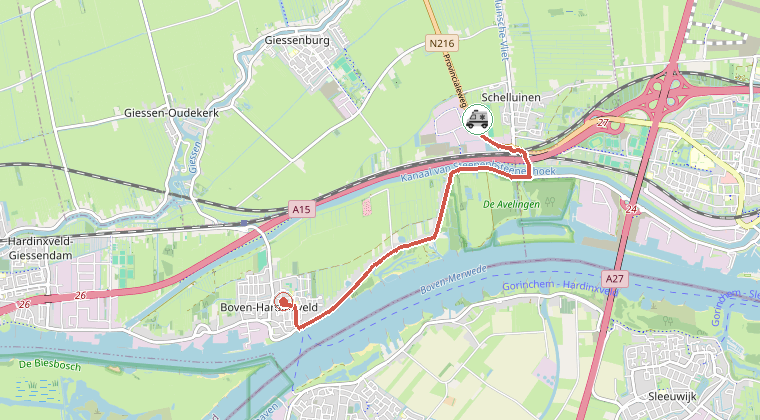 Kaart van de omgeving van de melding, met de kazerne die is gealarmeerd