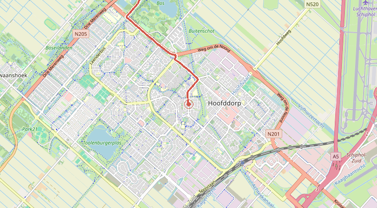 Kaart van de omgeving van de melding, met de kazerne die is gealarmeerd