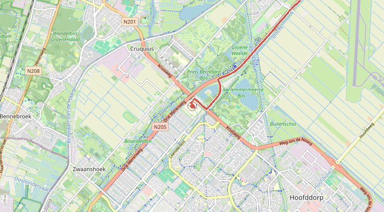 Kaart van de omgeving van de melding, met de kazerne die is gealarmeerd