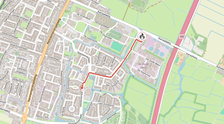 Kaart van de omgeving van de melding, met de kazerne die is gealarmeerd