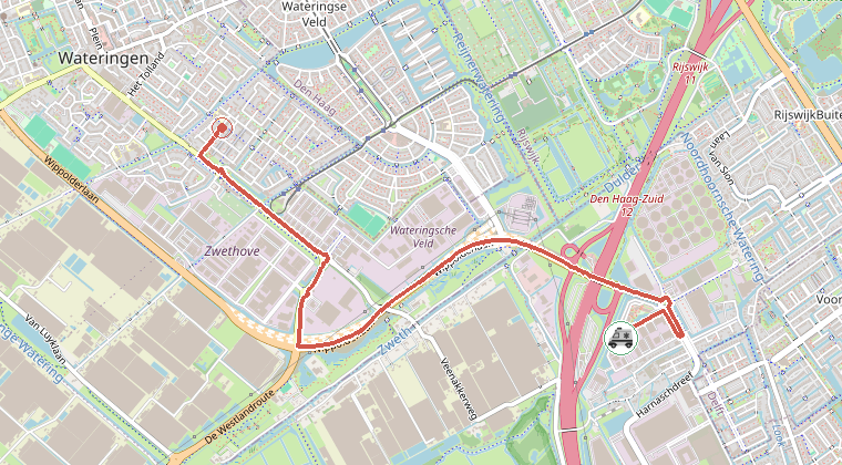 Kaart van de omgeving van de melding, met de kazerne die is gealarmeerd
