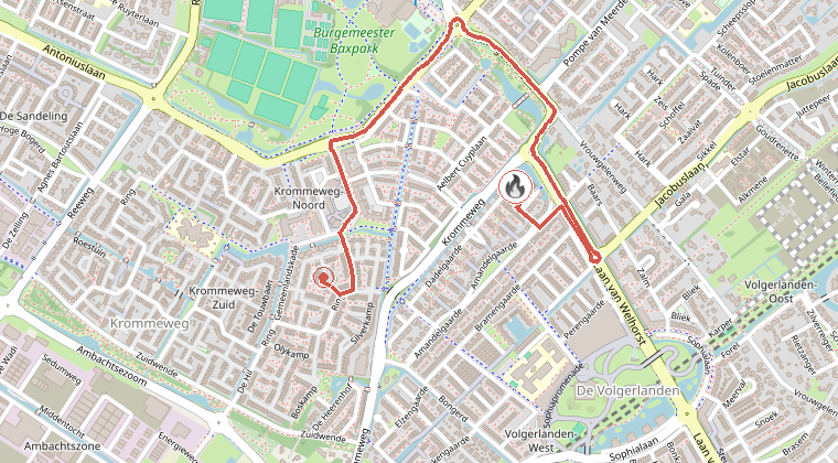 Kaart van de omgeving van de melding, met de kazerne die is gealarmeerd