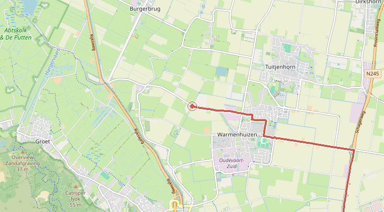 Kaart van de omgeving van de melding, met de kazerne die is gealarmeerd