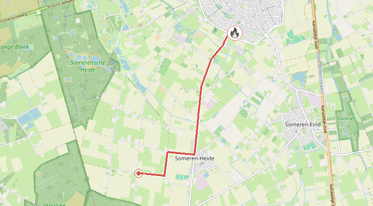 Kaart van de omgeving van de melding, met de kazerne die is gealarmeerd