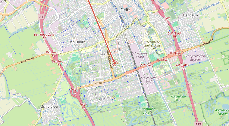 Kaart van de omgeving van de melding, met de kazerne die is gealarmeerd