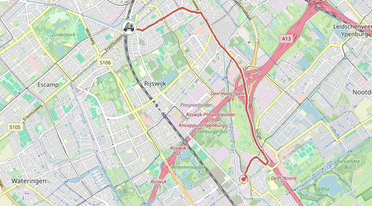 Kaart van de omgeving van de melding, met de kazerne die is gealarmeerd