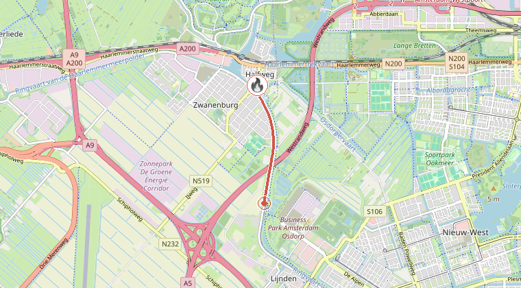 Kaart van de omgeving van de melding, met de kazerne die is gealarmeerd