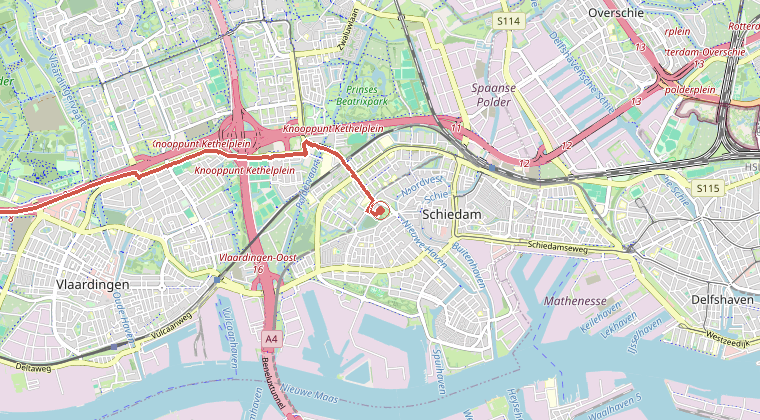 Kaart van de omgeving van de melding, met de kazerne die is gealarmeerd