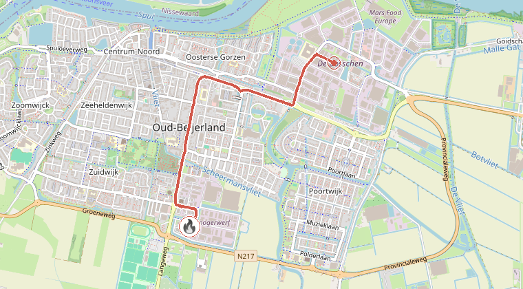 Kaart van de omgeving van de melding, met de kazerne die is gealarmeerd