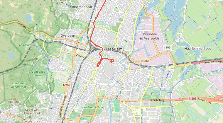 Kaart van de omgeving van de melding, met de kazerne die is gealarmeerd