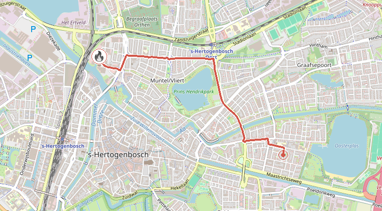 Kaart van de omgeving van de melding, met de kazerne die is gealarmeerd