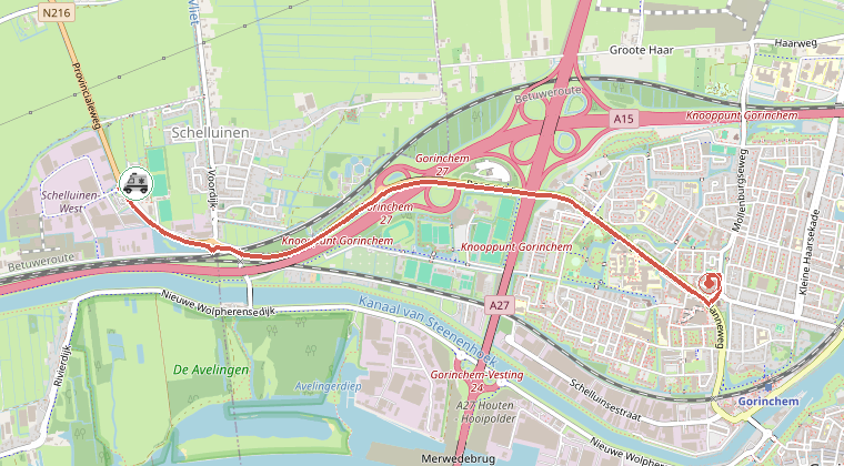 Kaart van de omgeving van de melding, met de kazerne die is gealarmeerd