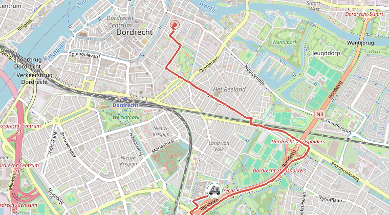 Kaart van de omgeving van de melding, met de kazerne die is gealarmeerd