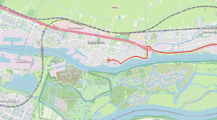 Kaart van de omgeving van de melding, met de kazerne die is gealarmeerd