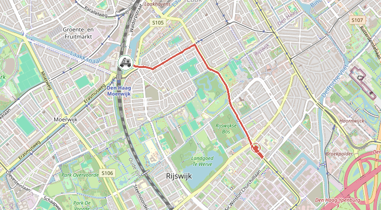 Kaart van de omgeving van de melding, met de kazerne die is gealarmeerd