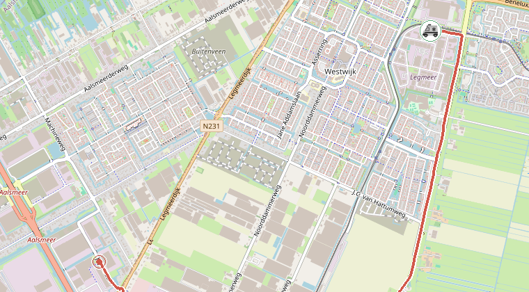 Kaart van de omgeving van de melding, met de kazerne die is gealarmeerd
