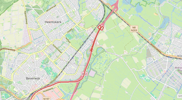 Kaart van de omgeving van de melding, met de kazerne die is gealarmeerd