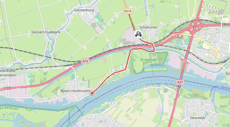Kaart van de omgeving van de melding, met de kazerne die is gealarmeerd