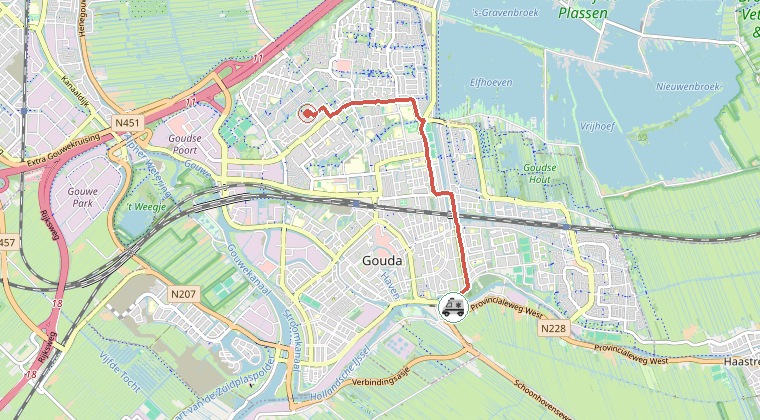 Kaart van de omgeving van de melding, met de kazerne die is gealarmeerd