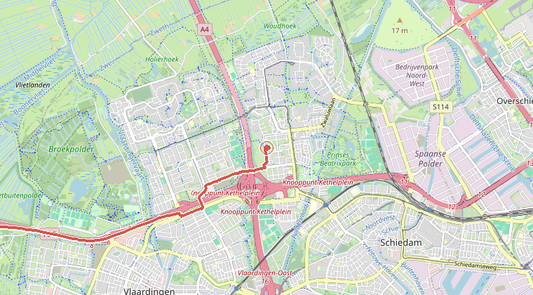 Kaart van de omgeving van de melding, met de kazerne die is gealarmeerd