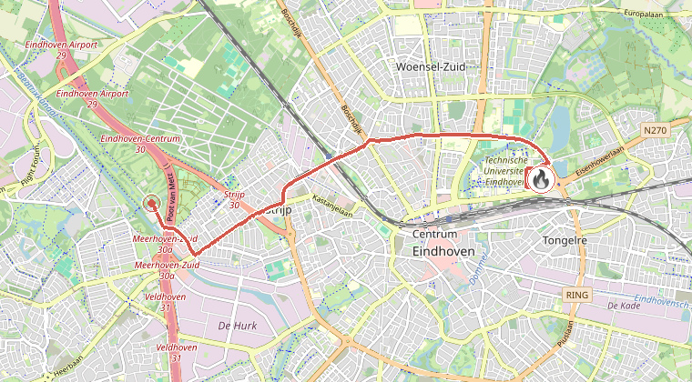 Kaart van de omgeving van de melding, met de kazerne die is gealarmeerd