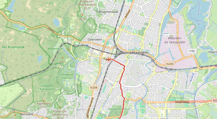 Kaart van de omgeving van de melding, met de kazerne die is gealarmeerd