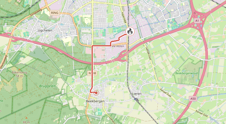 Kaart van de omgeving van de melding, met de kazerne die is gealarmeerd