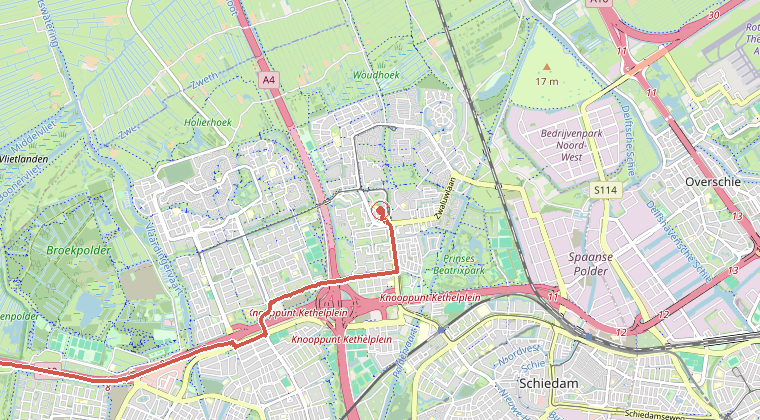 Kaart van de omgeving van de melding, met de kazerne die is gealarmeerd
