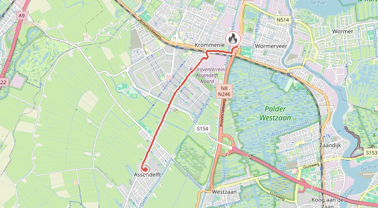 Kaart van de omgeving van de melding, met de kazerne die is gealarmeerd